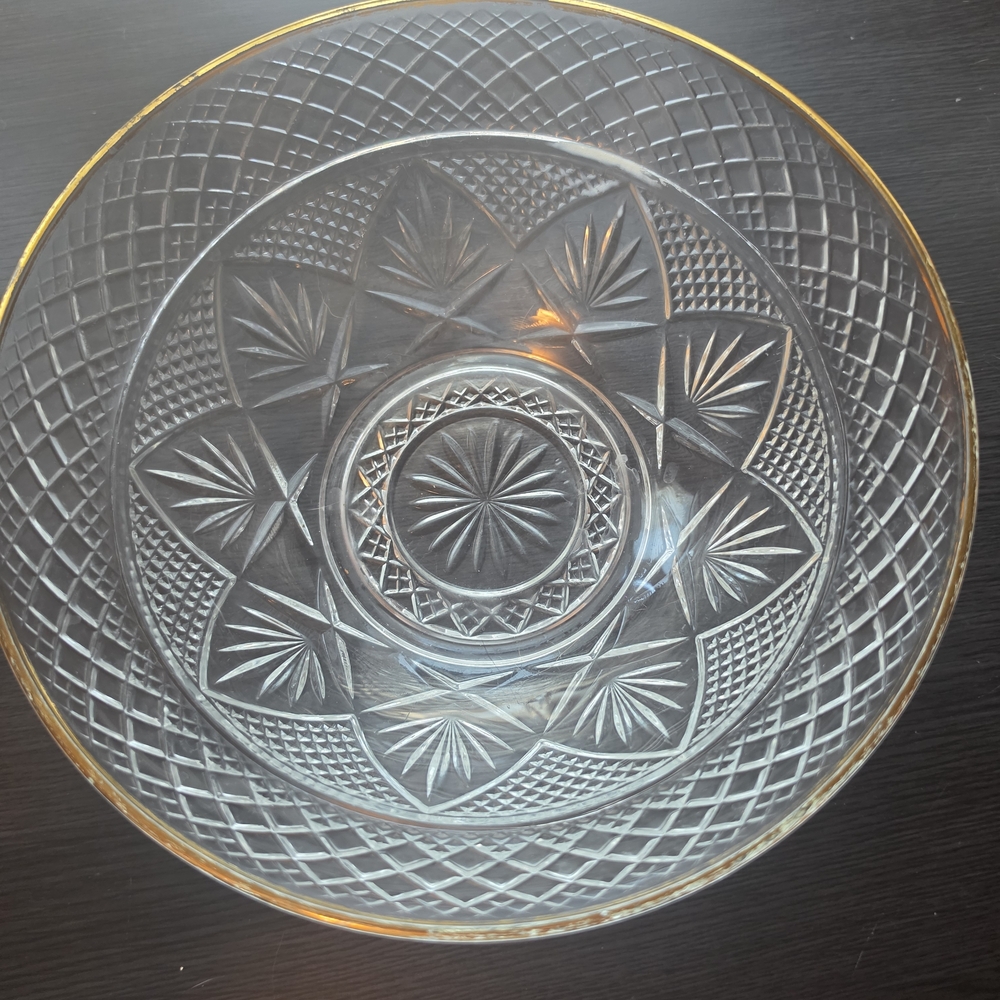 Vintage Cut Crystal Serving Bowl with Gold Rim - Picture 2 of 3